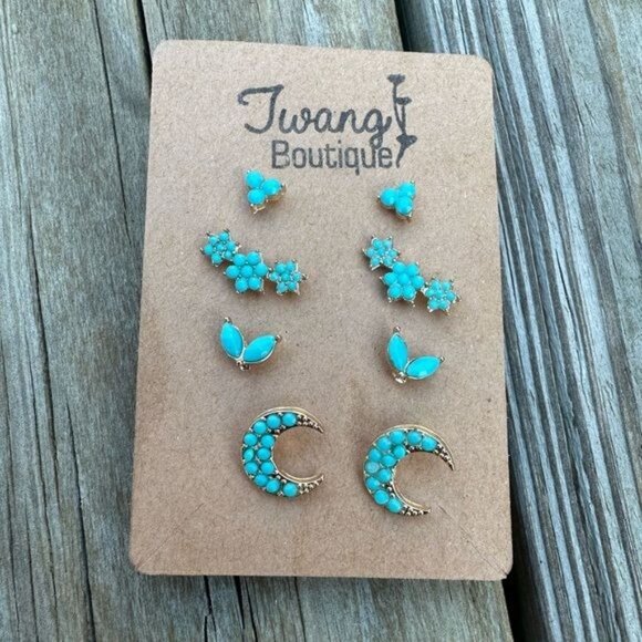 Teal Stars and Moon Stud Earring Set - Picture 2 of 4